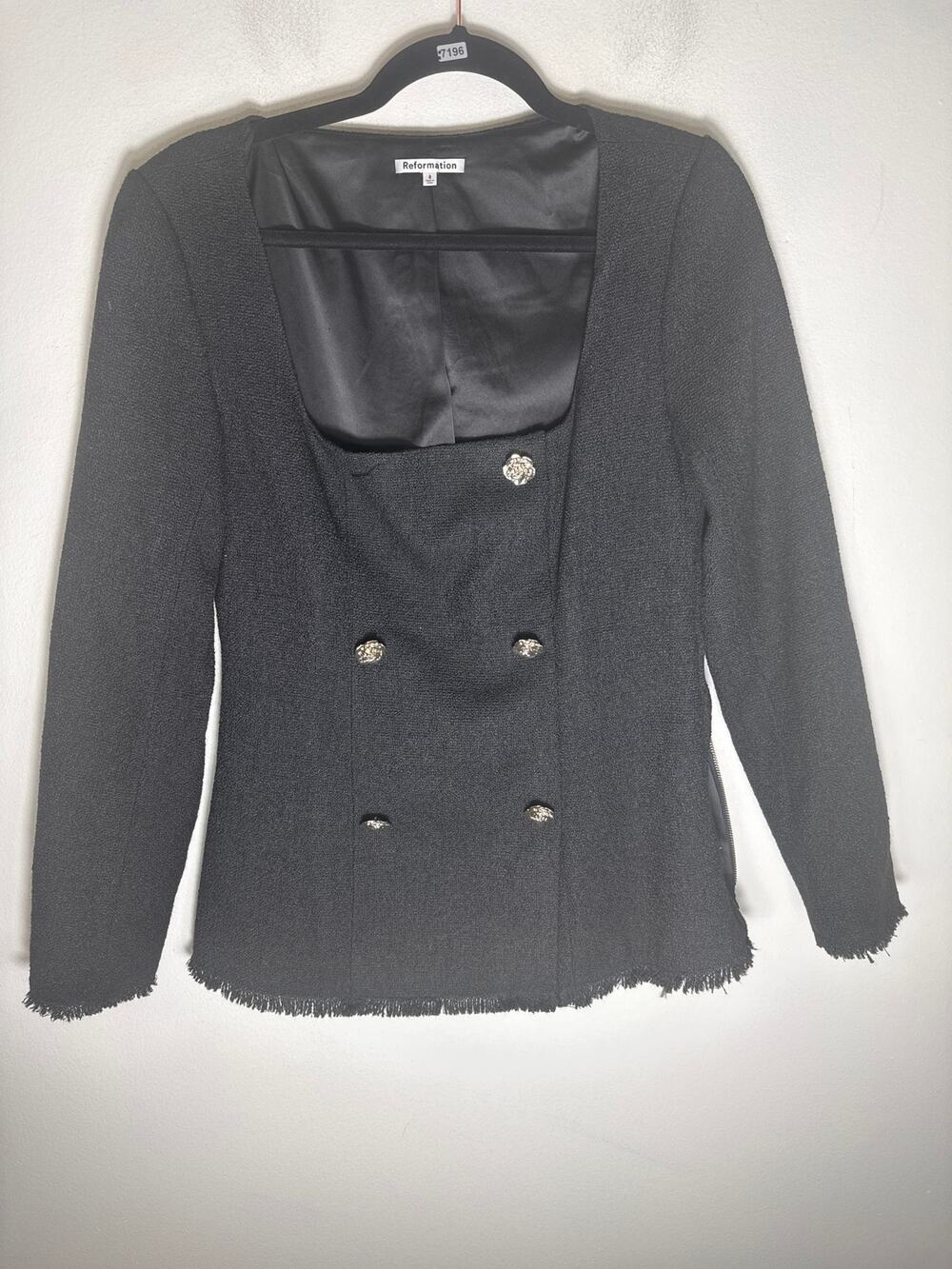 Reformation Black Tweed With Gold Rose Button Jacket Sz 8